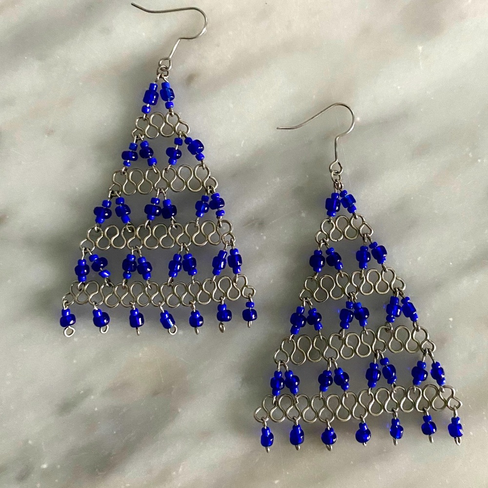 Triangle Beaded Cobalt Blue and Silver Earrings